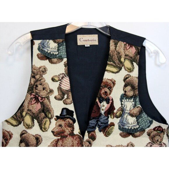 VTG 90s Conterio Teddy Bear Tapestry Vest sz M Lined Cute Button Holiday Dance - Picture 2 of 6